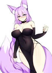  big_breast big_breasts black_dress blue_eyes cleavage cleavage_dress dirtykuro dress evening_dress evening_gown female female_only fox_ears fox_girl foxgirl foxykuro hair_covering_eye hair_covering_one_eye hair_over_eye hair_over_one_eye hair_over_one_eyes kitsune kuro_(foxykuro) large_breast large_breasts long_hair long_purple_hair no_panties original purple_hair purple_hair_female side_slit slit_dress thick_thighs 