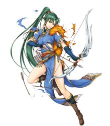  armor arrow_(projectile) boots bow_(weapon) broken_arrow brown_footwear cape commentary_request dress earrings elbow_gloves feathers female fingerless_gloves fire_emblem fire_emblem:_the_blazing_blade fire_emblem_heroes full_body fur_cape gloves green_eyes green_hair hair_ornament highres holding holding_bow_(weapon) holding_weapon jewelry knee_boots leg_up long_hair looking_away lyn_(brave_lady)_(fire_emblem) lyn_(fire_emblem) official_art one_eye_closed open_mouth solo torn_clothes transparent_background weapon yamada_koutarou 