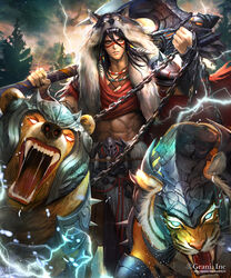  1boy abs animal_hood armlet armor axe battle_axe bear belt black_hair bracer cape chains cloud cloudy_sky commentary_request earrings facepaint grey_eyes hood jewelry kei1115 lightning looking_at_viewer male_focus necklace official_art open_mouth outdoors over_shoulder pelt photoshop_(medium) pixiv_id red_cape shingoku_no_valhalla_gate shoulder_armor sky tiger tree watermark weapon web_address wolf_pelt 