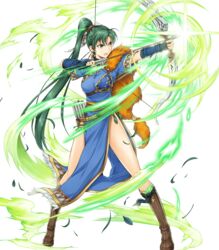  aiming armor arrow_(projectile) boots bow_(weapon) cape commentary_request drawing_bow dress earrings elbow_gloves feathers female fingerless_gloves fire_emblem fire_emblem:_the_blazing_blade fire_emblem_heroes full_body fur_cape gloves green_eyes green_hair hair_ornament highres holding holding_arrow holding_bow_(weapon) holding_weapon jewelry knee_boots legs_apart long_hair lyn_(brave_lady)_(fire_emblem) lyn_(fire_emblem) official_art open_mouth outstretched_arm ponytail quiver short_sleeves side_slit solo standing transparent_background weapon yamada_koutarou 