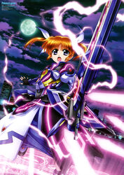  absurdres armor armored_dress black_gloves brown_hair female fingerless_gloves fortress_(nanoha) full_moon gloves hair_ribbon highres holding holding_weapon left-handed long_skirt looking_at_viewer lyrical_nanoha magic_circle magical_girl mahou_shoujo_lyrical_nanoha_reflection moon night official_art open_mouth outdoors purple_eyes ribbon sakata_osamu short_hair skirt solo standing strike_cannon takamachi_nanoha takamachi_nanoha_(formula_mode) twintails weapon white_ribbon 