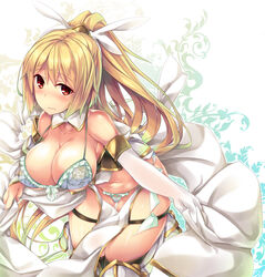  aqua_bikini armor bare_shoulders bikini blonde_hair blush breasts brown_eyes cleavage collarbone commentary_request detached_collar female floral_print frilled_bikini frills frown greaves large_breasts leaning_forward loincloth long_hair nanaly_(sennen_sensou_aigis) navel open_mouth photoshop_(medium) ponytail sennen_sensou_aigis shimakaze_(soundz_of_bell) solo swimsuit thigh_strap wavy_mouth winged_hair_tie 