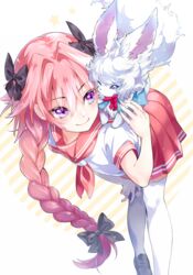  1boy astolfo_(fate) astolfo_(sailor_paladin)_(fate) black_bow bow braid cheek-to-cheek commentary_request fate/apocrypha fate/grand_order fate_(series) fou_(fate) gen_(gen_m_gen) hair_intakes hairbow hand_on_own_knee heads_together leaning_forward male_focus multicolored_hair oerba_yun_fang official_alternate_costume otoko_no_ko pink_hair pleated_skirt purple_eyes red_sailor_collar red_skirt sailor_collar school_uniform serafuku single_braid skirt smile streaked_hair thighhighs white_legwear 