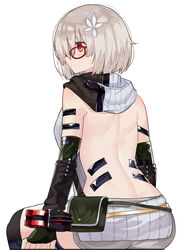  arms_at_sides ass back backless_outfit bare_back bare_shoulders black_thighhighs blush chinese_commentary closed_mouth commentary elbow_gloves female fingerless_gloves flower from_behind glasses gloves god_eater god_eater_3 green_gloves grey_hair grey_sweater hair_flower hair_ornament hood hood_down hooded_sweater looking_away looking_to_the_side meme_attire player_(god_eater_3) pouch profile red-framed_eyewear ryuuno6 short_hair simple_background sitting solo sweater thighhighs virgin_killer_sweater white_background white_flower 