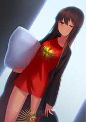  ahoge backlighting brown_hair buster_shirt collarbone commentary_request drooling fate/grand_order fate_(series) female hat highres holding holding_clothes holding_hat holding_pillow koha-ace koyama_keisuke long_hair looking_at_viewer military_hat oda_nobunaga_(fate) oda_nobunaga_(koha-ace) one_eye_closed parted_lips pillow print_shirt red_eyes red_shirt shirt sleepy solo standing unworn_hat unworn_headwear very_long_hair 