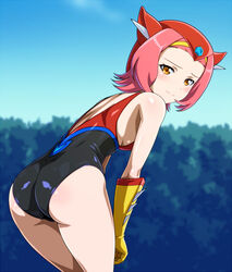  alternate_costume anime_coloring ass bare_shoulders blue_sky blush breasts commentary_request day female gecchan gloves leaning_forward leotard looking_at_viewer looking_back monteriakitto outdoors pink_hair robot_girls_z short_hair sky small_breasts solo yellow_eyes yellow_gloves 