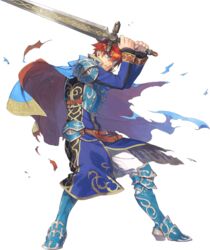  1boy armor blue_eyes cape durandal_(fire_emblem) eliwood_(fire_emblem) fire_emblem fire_emblem:_the_blazing_blade fire_emblem_heroes full_body highres male_focus miyuu official_art red_hair smile solo standing sword torn_clothes transparent_background weapon 