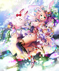  :3 :d ahoge animal_ears aoi_(kirabosi105) ass black_legwear bow breasts cleavage cloud commentary_request corset detached_collar female flower from_side full_body green_eyes hair_flower hair_ornament hairband high_heels looking_at_viewer medium_breasts open_mouth outdoors outstretched_arm over-kneehighs pink_hair rabbit rabbit_ears red_bow shingoku_no_valhalla_gate shoes short_hair_with_long_locks single_over-kneehigh single_thighhigh smile thighhighs wrist_cuffs 