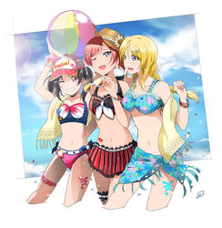  3girls :d alternate_hairstyle ayase_eli ball bangle baseball_cap beachball bibi_(love_live!) bikini bikini_skirt bikini_top_only black_hair blonde_hair blue_eyes blue_nails bracelet braid bridal_garter clenched_hand commentary_request copyright_name cropped_legs dated earrings flower grin hair_ornament hairpin hat hat_flower highres holding holding_removed_eyewear jewelry leg_tattoo lens_flare lipstick_mark love_live! love_live!_school_idol_project midriff multiple_girls nail_polish navel nishikino_maki one_eye_closed open_mouth photoshop_(medium) ponytail purple_eyes red_eyes red_hair red_nails sarong signature single_braid smile stomach_tattoo straw_hat suan_ringo sunglasses swimsuit tankini tattoo thigh_strap towel towel_around_neck twintails unworn_eyewear water_drop yazawa_nico 