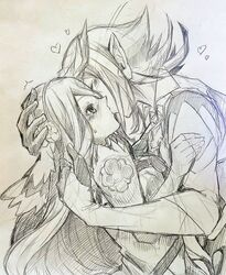  1boy azura_(fire_emblem) breasts bridal_gauntlets commentary_request corrin_(fire_emblem) corrin_(male)_(fire_emblem) couple dress female fire_emblem fire_emblem_fates graphite_(medium) heart kissing long_hair medium_breasts pointy_ears shiratsu_(white-seaside) short_hair straight traditional_media very_long_hair 