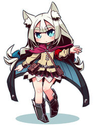  7th_dragon_(series) 7th_dragon_2020 animal_ear_fluff animal_ears armband armored_boots bag black_cape black_footwear black_skirt blue_bow blue_cape blue_eyes blush boots bow brown_jacket cape chitrine_(7th_dragon) closed_mouth colored_shadow commentary_request female full_body grey_hair hairbow head_tilt jacket long_hair long_sleeves lucier_(7th_dragon) multicolored_cape multicolored_clothes naga_u pleated_skirt satchel shadow shoulder_bag skirt sleeves_past_wrists solo standing standing_on_one_leg striped striped_bow thick_eyebrows very_long_hair white_background 