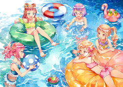  5girls :d ;d aikatsu!_(series) aikatsu_stars! alternate_hairstyle ass ball barefoot beachball bikini bird blue_bikini blush bow brown_eyes brown_hair casual_one-piece_swimsuit collarbone commentary_request cone_hair_bun cup disposable_cup drill_hair drink drinking_straw flamingo food frilled_bikini frilled_one-piece_swimsuit frills fruit glasses green_bikini hair_bun hairbow holding innertube kasumi_mahiru katou_akatsuki long_hair looking_at_another lying multiple_girls nanakura_koharu nijino_yume oerba_yun_fang on_stomach one-piece_swimsuit one_eye_closed open_mouth outdoors pineapple pink_bikini pink_hair purple_eyes purple_hair red-framed_eyewear sakuraba_rola saotome_ako semi-rimless_eyewear short_hair sitting smile standing swept_bangs swim_ring swimsuit twin_drills under-rim_eyewear v-shaped_eyebrows water 