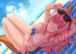  animal_ears armpits beach bikini blush breasts cleavage collarbone commentary_request day fate/extra fate/grand_order fate_(series) female fox_ears fox_tail keikei_(kitty_colors) large_breasts long_hair lying md5_mismatch nail_polish navel official_alternate_costume one_eye_closed open_mouth outdoors pink_hair resolution_mismatch solo source_larger sunglasses swimsuit tail tamamo_(fate) tamamo_no_mae_(fate/extra) tamamo_no_mae_(sexy_bikini)_(fate) white_bikini yellow_eyes 