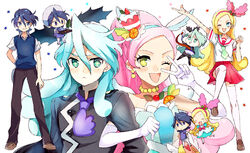  1boy :&lt; ;d animal_ears bad_id bad_pixiv_id blonde_hair blue_hair brother_and_sister chibi cure_parfait dress dual_persona elbow_gloves female food-themed_hair_ornament gloves hair_ornament hairband horse_ears horse_girl houhou_(black_lack) ichigozaka_middle_school_uniform julio_(precure) kirahoshi_ciel kirakira_precure_a_la_mode kuroki_rio locked_arms magical_girl one_eye_closed open_mouth pink_hair pleated_skirt precure school_uniform serafuku siblings simple_background skirt smile star-shaped_pupils star_(symbol) sweater_vest symbol-shaped_pupils thighhighs v_over_eye white_background white_gloves white_legwear 