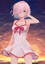  adjusting_hair arm_at_side backlighting bare_arms bare_shoulders blurry blush bokeh bow breasts casual_one-piece_swimsuit cleavage closed_mouth cloud collarbone commentary_request cowboy_shot depth_of_field dress dress_swimsuit fate/grand_order fate_(series) female floating_hair gradient_sky hair_over_one_eye halterneck hand_in_own_hair hand_up highres hip_focus horizon legs_apart light_purple_hair light_smile looking_at_viewer mash_kyrielight mash_kyrielight_(swimsuit_of_perpetual_summer) medium_breasts ocean official_alternate_costume one-piece_swimsuit orange_sky pink_bow pink_ribbon purple_eyes purple_sky reuri_(tjux4555) ribbon short_dress short_hair sideboob sky smile solo standing straight_hair sundress sunlight sunset swimsuit water white_dress wind 