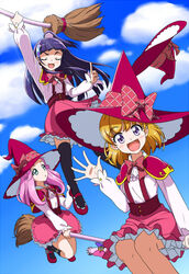  3girls asahina_mirai broom broom_riding commentary_request destino hanami_kotoha hat izayoi_liko magic_school_uniform mahou_girls_precure! multiple_girls precure school_uniform witch_hat 