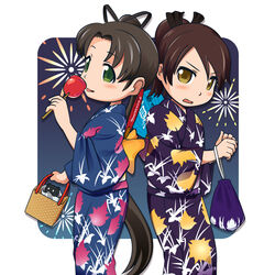  2girls aka-kabuto_no_gema ayanami_(kancolle) back-to-back bag basket blue_kimono brown_eyes brown_hair candy_apple commentary_request cowboy_shot floral_print food green_eyes hand_fan highres japanese_clothes kantai_collection kimono licking long_hair looking_at_viewer multiple_girls night night_sky ponytail purple_kimono satchel shikinami_(kancolle) short_hair short_ponytail side_ponytail sky yukata 