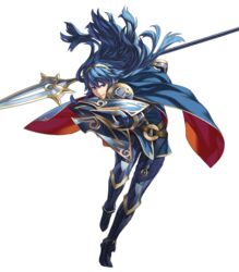  armor armored_boots belt blue_armor blue_eyes blue_hair boots cape commentary_request female fire_emblem fire_emblem_awakening fire_emblem_heroes full_body highres holding holding_weapon jewelry kozaki_yuusuke long_hair lucina_(brave_princess)_(fire_emblem) lucina_(fire_emblem) official_art polearm shield shoulder_pads solo spear thighhighs tiara transparent_background weapon 