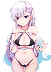  asymmetrical_bangs azur_lane bare_shoulders belfast_(azur_lane) bikini black_bikini breasts bright_pupils checkered_bikini checkered_clothes cleavage closed_mouth collarbone commentary_request cowboy_shot earrings female front-tie_top hair_ribbon half_updo halterneck highres jewelry khibiki large_breasts light_purple_hair long_hair multi-strapped_bikini navel off_shoulder photoshop_(medium) purple_eyes ribbon shiny_skin shirt simple_background single_earring skindentation smile solo swimsuit thigh_gap tied_shirt wet wet_clothes wet_shirt white_background white_pupils wristband 