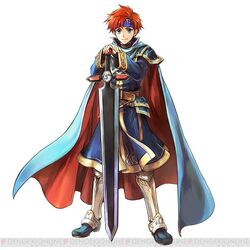  1boy armor blue_armor blue_eyes cape commentary_request cosplay durandal_(fire_emblem) eliwood_(fire_emblem) eliwood_(fire_emblem)_(cosplay) fire_emblem fire_emblem:_the_binding_blade fire_emblem:_the_blazing_blade fire_emblem_heroes full_body looking_at_viewer male_focus official_art red_hair roy_(brave_lion)_(fire_emblem) roy_(fire_emblem) short_hair smile wada_sachiko 