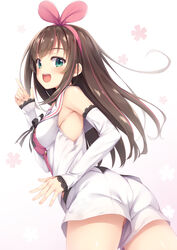  :d ass bare_shoulders blush breasts brown_hair commentary_request cowboy_shot detached_sleeves female fingernails gradient_background green_eyes highres index_finger_raised kizuna_ai kizuna_ai_inc. long_hair long_sleeves looking_at_viewer looking_back medium_breasts multicolored_hair open_mouth photoshop_(medium) pink_background pink_hair shirt short_shorts shorts sleeveless sleeveless_shirt sleeves_past_wrists smile solo streaked_hair tomifumi very_long_hair virtual_youtuber white_background white_shirt white_shorts 