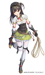  ball_gag black_hair bondage boots breasts brown_eyes cleavage cleavage_cutout clothing_cutout commentary_request corset elbow_gloves female frills full_body gag gag_around_neck gear_hair_ornament gloves goggles goggles_on_head hair_ornament highres himitsu_(hi_mi_tsu_2) key lock long_hair looking_at_viewer medium_breasts original padlock pantyhose rope see-through solo standing thigh_strap unworn_gag white_background white_pantyhose wiffle_gag zipper 