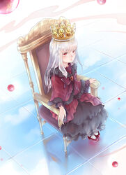  bluebluecathy commentary_request crown dress female highres k-project kushina_anna photoshop_(medium) red_eyes sitting solo throne tile_floor tiles white_hair white_legwear 