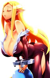  ass blonde_hair breasts cleavage closed_eyes cuffs curvy disgaea earring female healer_(disgaea) hips huge_ass large_breasts long_hair open_mouth prinny solo thick_thighs thighs tokyo_(great_akuta) wide_hips 