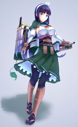  absurdres black_hair blue_eyes breasts capelet commentary_request female full_body gloves green_skirt hairband highres junno_(jun12man) kasugayama_(oshiro_project) katana long_hair looking_at_viewer medium_breasts oshiro_project:re pantyhose sandals skirt solo sword weapon white_gloves 