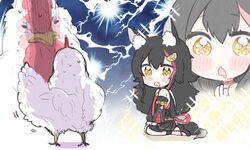  animal animal_ear_fluff animal_ears bird black_hair blush chestnut_mouth chicken commentary detached_sleeves dress drooling female hair_ornament hairclip highres hololive japanese_clothes kneeling lightning_background long_hair noyama_(noyama8888) ookami_mio ookami_mio_(1st_costume) open_mouth shaded_face sleeveless sleeveless_dress sparkling_eyes sweatdrop tail very_long_hair virtual_youtuber wolf_ears wolf_girl wolf_tail 