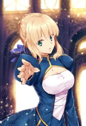  ahoge artoria_pendragon_(fate) blonde_hair blue_dress blue_ribbon braid braided_bun breasts cleavage cleavage_cutout clothing_cutout commentary_request dress fate/grand_order fate/stay_night fate_(series) female green_eyes hair_between_eyes hair_bun hair_ribbon juliet_sleeves light_particles long_sleeves looking_at_viewer nyanmaru_(ememing) open_mouth outstretched_hand parted_lips puffy_sleeves ribbon saber_(fate) short_hair small_breasts solo twitter_username 