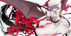  aono_meri bad_id bad_pixiv_id bat_wings bespectacled black-framed_eyewear chromatic_aberration female glasses hat hat_ribbon light_purple_hair looking_at_viewer mob_cap outstretched_arm puffy_sleeves red_eyes remilia_scarlet ribbon sash shirt short_hair short_sleeves skirt skirt_set smile solo spear_the_gungnir touhou upskirt wings 