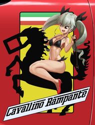  abazu-red anchovy_(girls_und_panzer) bikini black_ribbon breasts cleavage commentary_request decal drill_hair female ferrari flag_print girls_und_panzer green_hair hair_ribbon high_heels horse horseback_riding italian_flag italian_text italy long_hair medium_breasts nose_art open_mouth red_background red_eyes red_footwear ribbon riding riding_crop shoes side-tie_bikini_bottom silhouette sitting smile solo swimsuit twin_drills twintails 