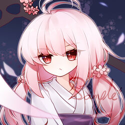  :&lt; antenna_hair closed_mouth commentary_request duel_monster eta female flower ghost_reaper_&amp;_winter_cherries hair_between_eyes hair_flower hair_ornament japanese_clothes kimono long_hair low_twintails obi pink_flower pink_hair red_eyes sample_watermark sash sidelocks solo twintails upper_body watermark white_kimono yu-gi-oh! 