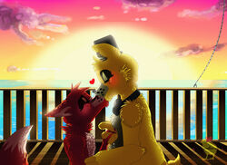  absurd_res animatronic anthro bear blush bow_(feature) bow_tie canid canine cloud digital_media_(artwork) duo english_text five_nights_at_freddy&#039;s fox foxy_(fnaf) fur golden_freddy_(fnaf) heart_symbol hi_res hiyoko kissing machine male male/male mammal one_eye_closed red_body red_fur robot scottgames sea sunset text water yellow_body yellow_fur 