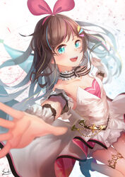  :d bare_shoulders black_bow blurry blurry_background blurry_foreground blush bow breasts brown_hair choker collarbone commentary_request depth_of_field dress female frilled_choker frills green_eyes hairband heart highres kizuna_ai kizuna_ai_(anniversary) kizuna_ai_inc. long_hair looking_at_viewer multicolored_hair open_mouth outstretched_arm pink_hair pink_hairband saraki short_shorts shorts small_breasts smile solo strapless strapless_dress streaked_hair striped striped_bow striped_choker teeth upper_teeth_only very_long_hair virtual_youtuber white_dress white_shorts wrist_cuffs 