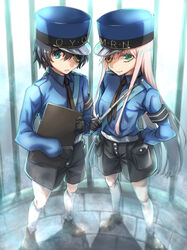  1boy belt black_gloves black_hair black_necktie black_shorts blue_eyes blue_hat blue_shirt caroline_(persona_5) clipboard commentary cosplay couple darling_in_the_franxx eyepatch female gloves gold_trim green_eyes hand_on_own_hip hat herozu_(xxhrd) highres hiro_(darling_in_the_franxx) holding holding_clipboard holding_weapon justine_(persona_5) long_hair looking_at_viewer necktie peaked_cap persona persona_5 pink_hair police police_hat police_uniform shirt shoes shorts sleeves_past_wrists socks straight uniform weapon white_legwear zero_two_(darling_in_the_franxx) 