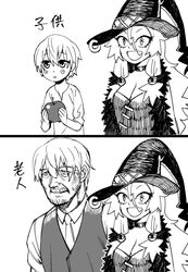  :d age_progression apple blush_stickers breasts choker cleavage facial_hair food fruit greyscale hat lolicon long_hair majo_shuukai_de_aimashou monochrome oerba_yun_fang old_man open_mouth original otosama simple_background smile waistcoat witch witch_hat 