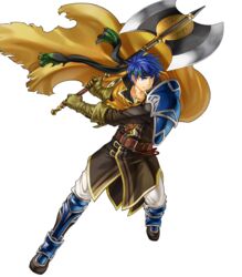  1boy armor armored_boots axe battle_axe belt blue_eyes blue_hair boots cape collarbone commentary_request cosplay elbow_gloves fire_emblem fire_emblem:_path_of_radiance fire_emblem_heroes full_body gloves greil greil_(cosplay) headband highres holding holding_weapon ike_(brave_mercenary)_(fire_emblem) ike_(fire_emblem) kita_senri looking_away male_focus official_art serious shoulder_armor solo transparent_background weapon 