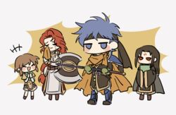  2boys 2girls axe bad_id bad_twitter_id black_hair blue_eyes blue_hair blush book braid brother_and_sister brown_hair cape commentary_request cosplay facial_mark fire_emblem fire_emblem:_path_of_radiance fire_emblem_heroes gloves greil greil_(cosplay) hair_tubes headband ike_(brave_mercenary)_(fire_emblem) ike_(fire_emblem) kmkr long_hair male_focus mist_(fire_emblem) multiple_boys multiple_girls open_mouth red_eyes scarf short_hair siblings skirt smile soren_(fire_emblem) staff titania_(fire_emblem) weapon 