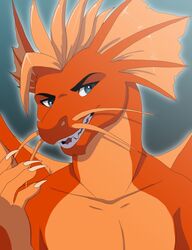  2017 anthro blue_eyes claws digital_media_(artwork) dragon ear_fins fangs fin front_view hair hi_res lawkie looking_at_viewer male mathew_kelly mythological_creature mythological_scalie mythology nude open_mouth open_smile orange_body portrait scalie simple_background smile solo teeth whiskers wings 