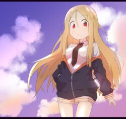  absurdres blonde_hair blue_sky breasts bural_chingu cloud commentary_request female hair_between_eyes highres jacket korean_commentary lee_ji-min long_hair looking_at_viewer necktie red_eyes shirt sky solo wweed 