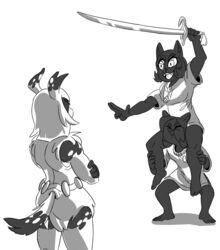  70_seas anthro bardfox barefoot carrying_another clothed clothing crossed_arms digital_media_(artwork) feet female fur group hair hi_res hilde_(70_seas) kate_(70_seas) latchkey_kingdom melee_weapon monochrome on_shoulders sibling_(lore) simple_background straining sword tanya_(70_seas) twins_(lore) weapon white_background yuman zull 