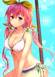  bad_id bad_pixiv_id between_legs bikini blue_background blush breasts cleavage collarbone eyebrows female flower granblue_fantasy hair_flower hair_ornament halterneck hand_between_legs head_tilt highres large_breasts long_hair looking_at_viewer low_twintails monster_girl natami_(sukeham) orange_eyes pink_hair plant_girl plant_on_head sitting solo swimsuit twintails very_long_hair water_drop white_bikini yggdrasil_(granblue_fantasy) 