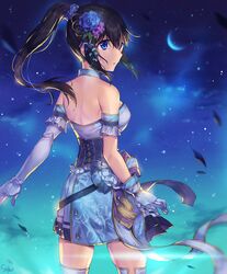  asymmetrical_gloves black_hair blue_eyes commentary_request crescent_moon dress elbow_gloves female flower gloves hair_flower hair_ornament hair_scrunchie idolmaster idolmaster_cinderella_girls idolmaster_cinderella_girls_starlight_stage long_hair looking_back moon night night_sky ponytail ribbon sagisawa_fumika scrunchie short_dress signature single_elbow_glove sky solo soriya thighhighs uneven_gloves 