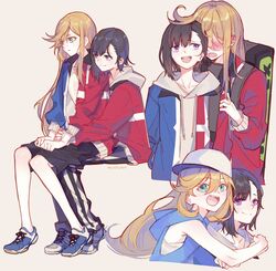  2girls baseball_cap black_hair blonde_hair blue_eyes blush commentary connie_christensen hanebado! hat hood hooded_track_jacket hug hug_from_behind jacket milk_puppy multiple_girls purple_eyes shiwahime_yuika shorts sitting sitting_on_lap sitting_on_person track_jacket yuri 