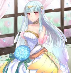  blue_hair bouquet bride commentary_request dress elbow_gloves female fire_emblem fire_emblem:_the_blazing_blade fire_emblem_heroes flower gloves haru_(nakajou-28) holding holding_bouquet long_hair ninian_(bridal)_(fire_emblem) ninian_(fire_emblem) petals red_eyes smile solo strapless strapless_dress veil wedding_dress white_dress white_gloves window 