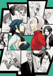  4girls 6+boys androgynous asamiya_athena ascot ash_crimson blowing_kiss blue_eyes blue_hair braid breasts buriki_one cleavage cleavage_cutout closed_mouth clothing_cutout coelacanth_(gyotaku) commentary_request elisabeth_blanctorche evil_grin evil_smile eye_contact fatal_fury formal freckles fuu&#039;un garou:_mark_of_the_wolves gato_(snk) glasses gloves grin hairband jyazu k&#039;_(kof) kizuna_encounter kula_diamond kusanagi_kyou large_breasts long_hair looking_at_another momoko_(kof) multiple_boys multiple_girls necktie oswald_(kof) silber simple_background smile smirk suit the_king_of_fighters the_king_of_fighters_xi upper_body white_hair yagami_iori zipper 