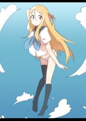  absurdres asymmetrical_legwear black_legwear blonde_hair blush bural_chingu cloud commentary_request female full_body highres lee_ji-min long_hair looking_at_viewer navel neckerchief no_pants panties red_eyes sailor_collar school_uniform serafuku sky solo thighhighs underwear uneven_legwear wweed 