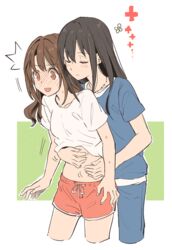  2girls akni belly belly_rub blush brown_eyes brown_hair commentary_request cropped_legs dolphin_shorts idolmaster idolmaster_cinderella_girls jewelry korean_commentary long_hair multiple_girls necklace open_mouth shibuya_rin shimamura_uzuki shirt shorts simple_background white_shirt yuri 